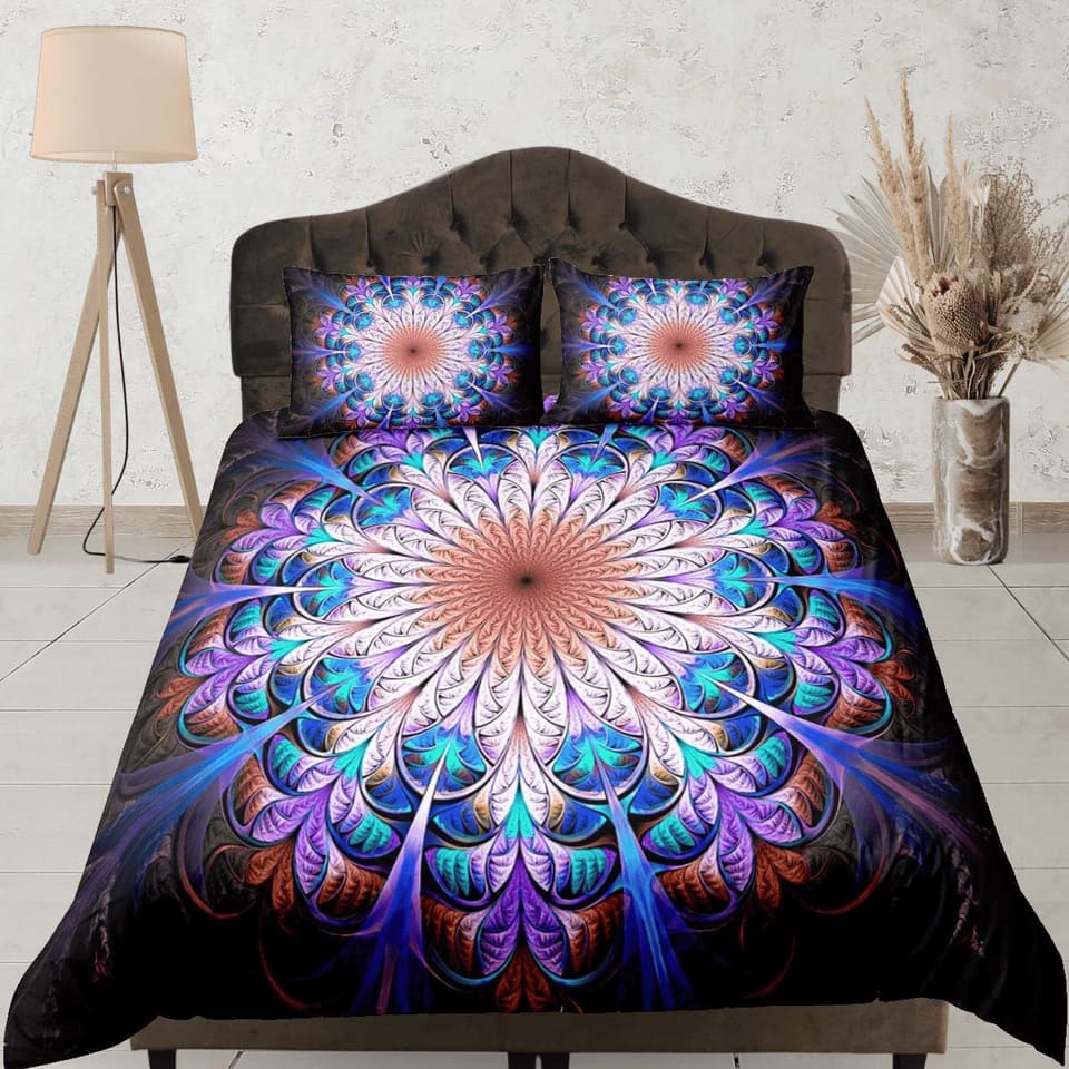 Psychedelic hippie mandala duvet cover boho bedding set full, queen, king, dorm bedding, aesthetic room indian bedspread m…
