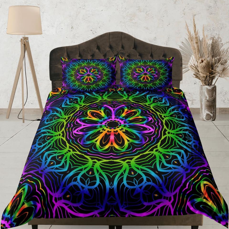 Psychedelic mandala duvet cover hippie bedding set full, queen, king, preppy dorm bedding, indie room decor, aesthetic bed…