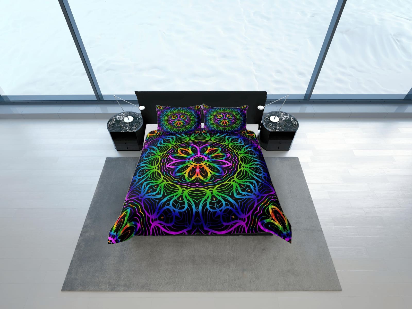 Psychedelic mandala duvet cover hippie bedding set full, queen, king, preppy dorm bedding, indie room decor, aesthetic bed…