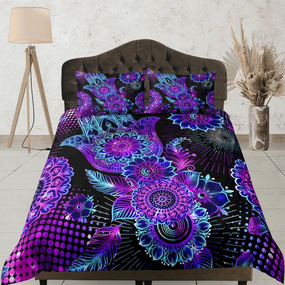 Psychedelic mandala purple duvet cover hippie bedding set full, queen, king, preppy dorm bedding, indie room decor, aesthe…