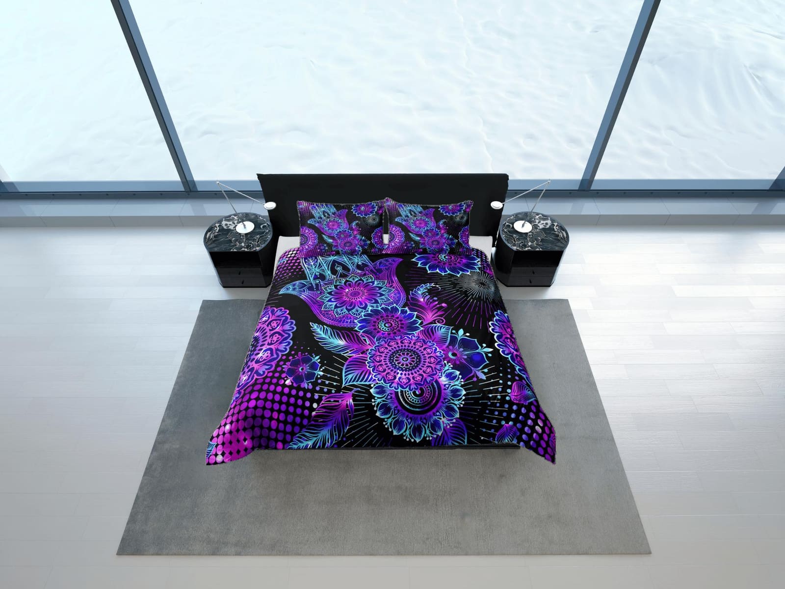 Psychedelic mandala purple duvet cover hippie bedding set full, queen, king, preppy dorm bedding, indie room decor, aesthe…