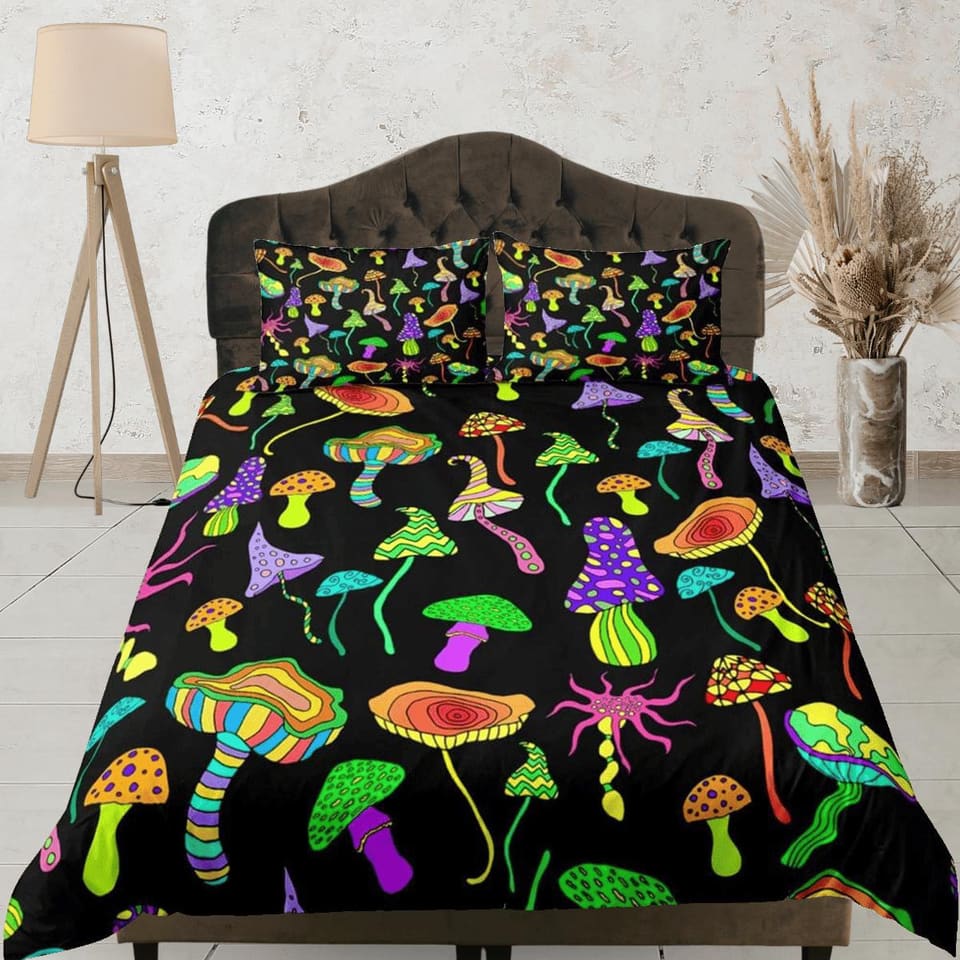 Psychedelic mushroom black duvet cover hippie bedding set full, queen, king, preppy dorm bedding, indie room decor, aesthe…