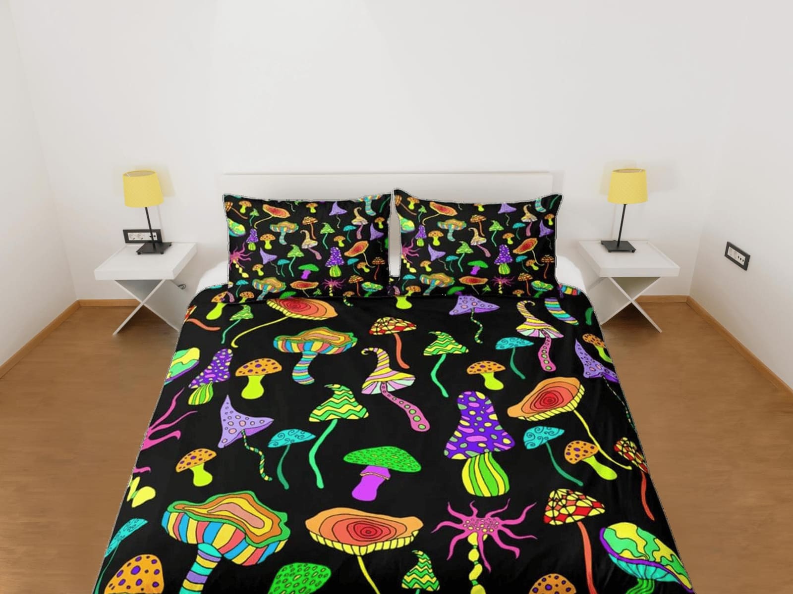 Psychedelic mushroom black duvet cover hippie bedding set full, queen, king, preppy dorm bedding, indie room decor, aesthe…