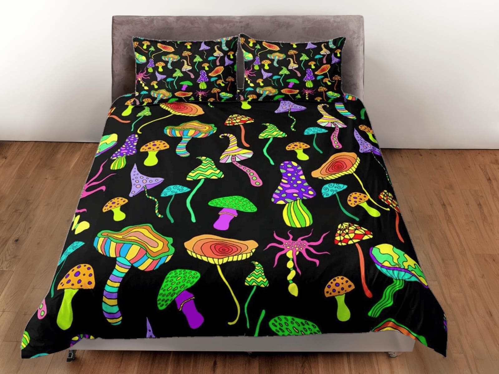 Psychedelic mushroom black duvet cover hippie bedding set full, queen, king, preppy dorm bedding, indie room decor, aesthe…