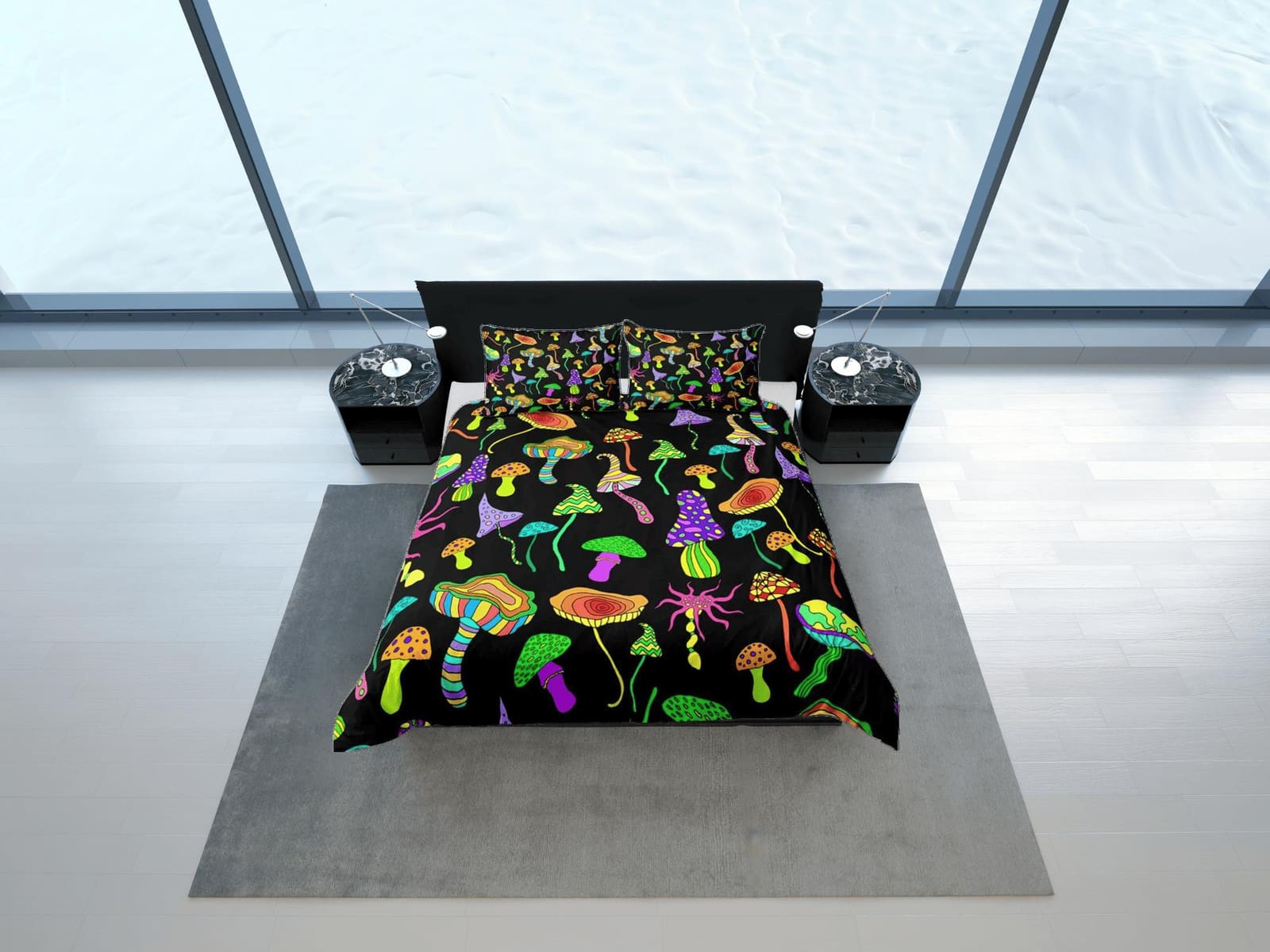 Psychedelic mushroom black duvet cover hippie bedding set full, queen, king, preppy dorm bedding, indie room decor, aesthe…