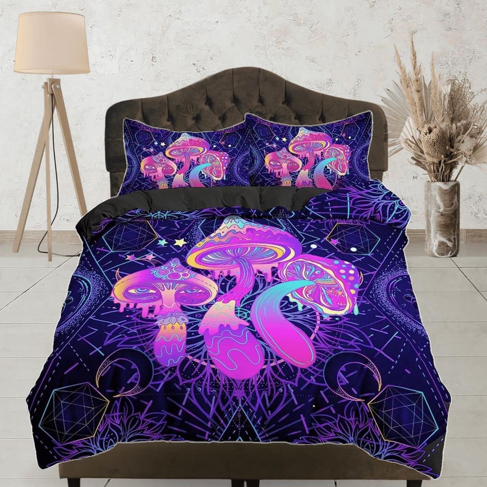 Psychedelic pink mushroom cosmic duvet cover hippie bedding set full, preppy dorm bedding, indie room decor, aesthetic bed…