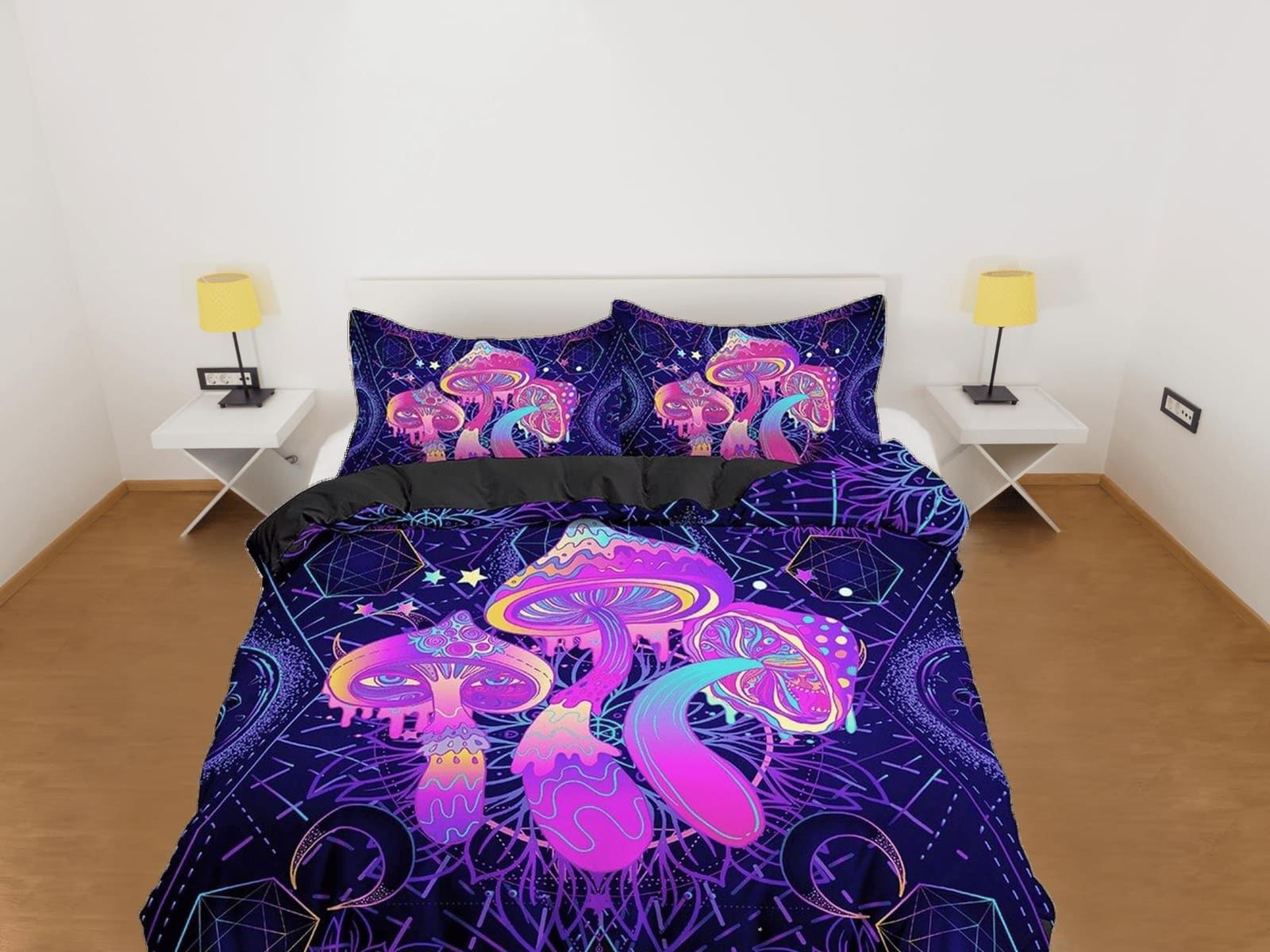 Psychedelic pink mushroom cosmic duvet cover hippie bedding set full, preppy dorm bedding, indie room decor, aesthetic bed…