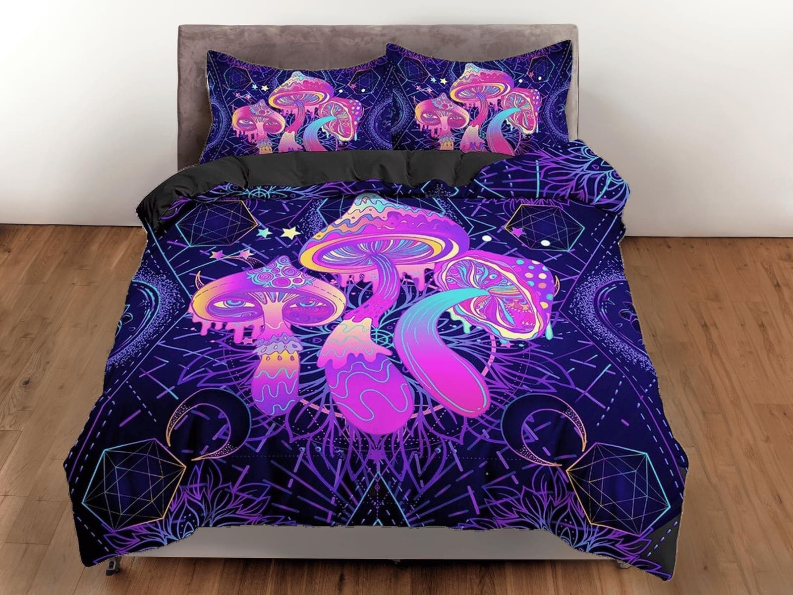 Psychedelic pink mushroom cosmic duvet cover hippie bedding set full, preppy dorm bedding, indie room decor, aesthetic bed…