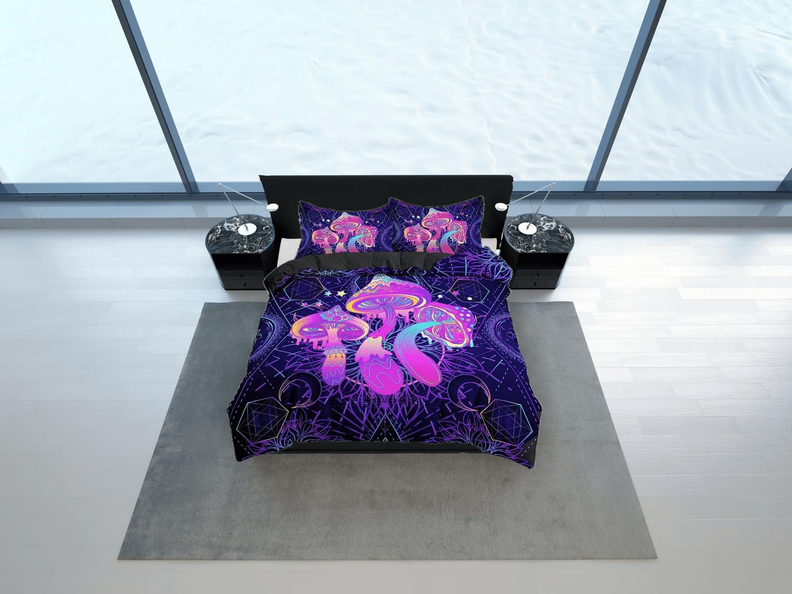 Psychedelic pink mushroom cosmic duvet cover hippie bedding set full, preppy dorm bedding, indie room decor, aesthetic bed…