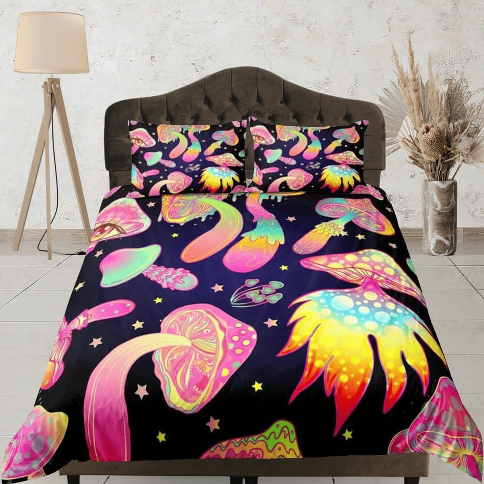 Psychedelic pink mushrooms duvet cover hippie bedding set full, queen, king, preppy dorm bedding, indie room decor, aesthe…