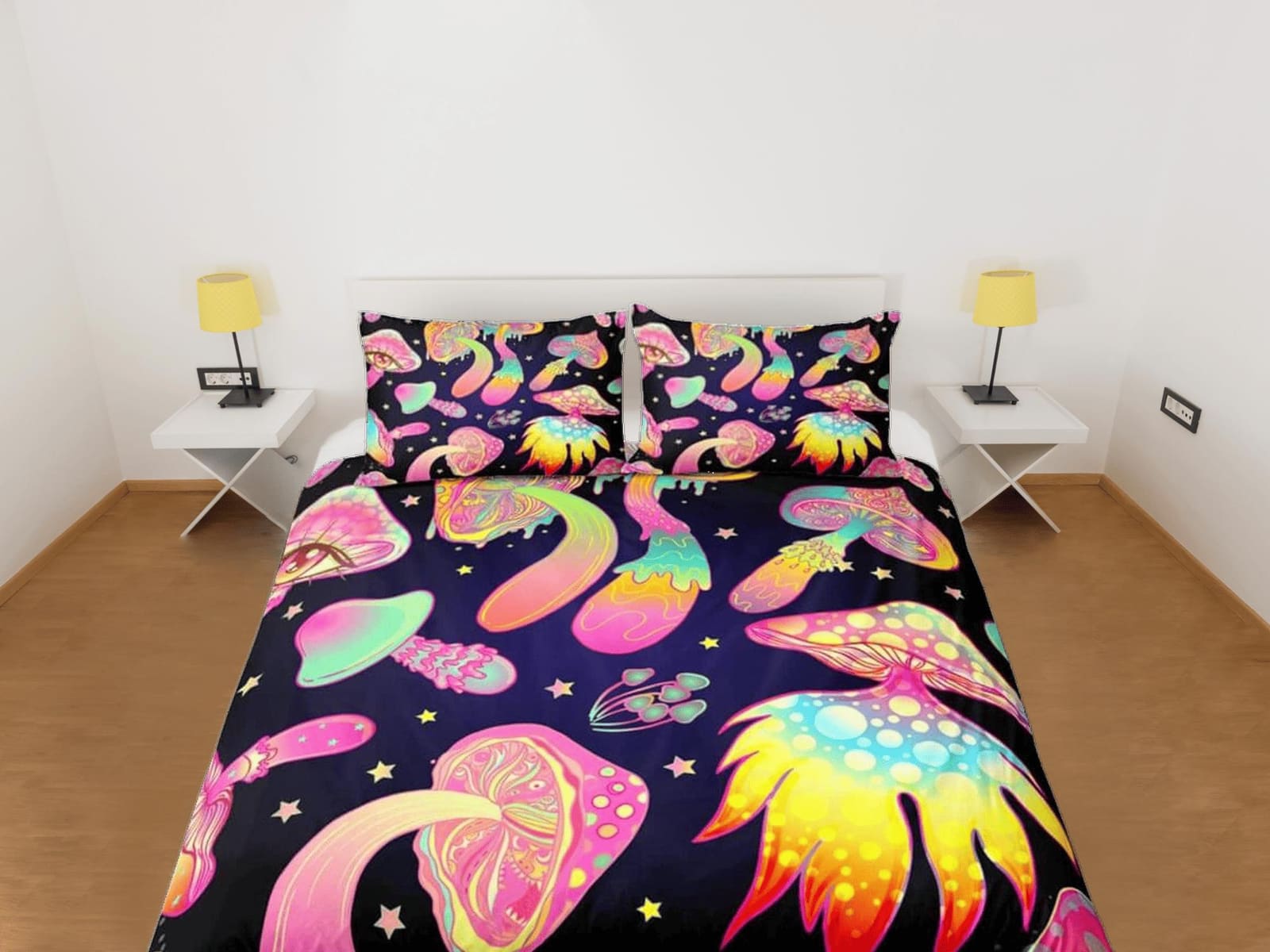 Psychedelic pink mushrooms duvet cover hippie bedding set full, queen, king, preppy dorm bedding, indie room decor, aesthe…