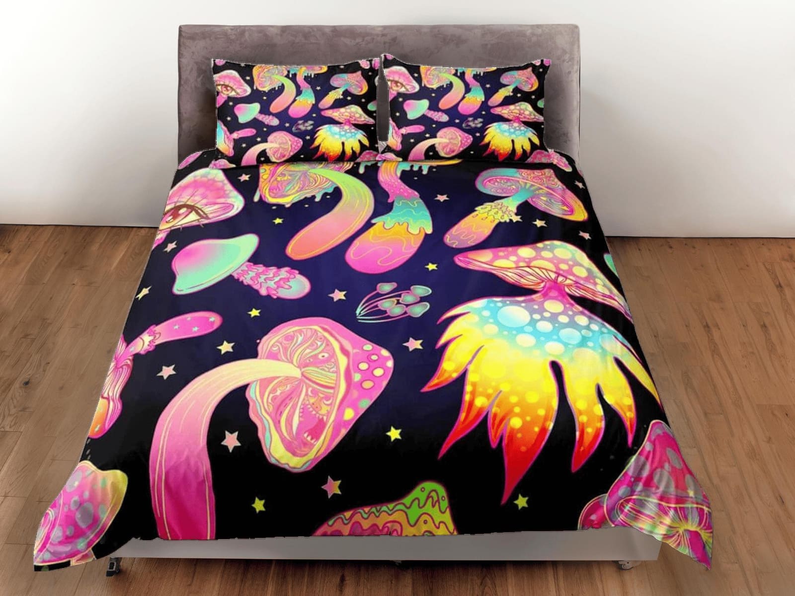 Psychedelic pink mushrooms duvet cover hippie bedding set full, queen, king, preppy dorm bedding, indie room decor, aesthe…