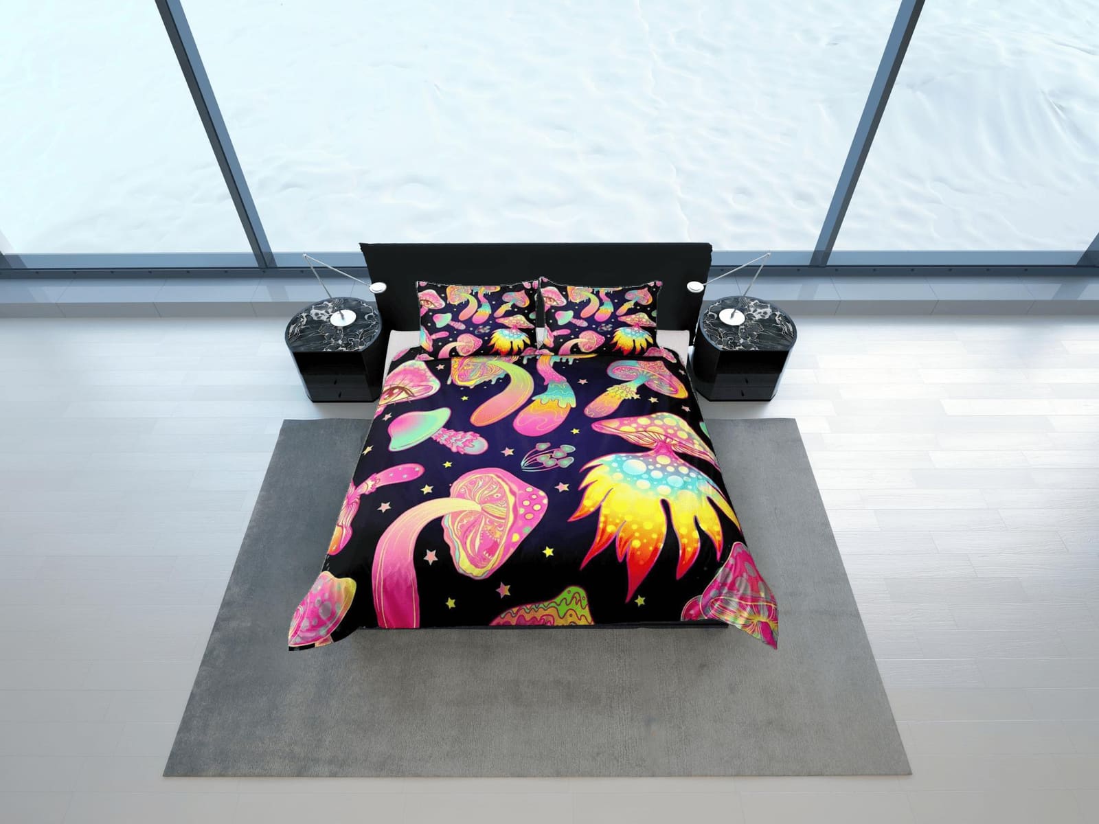 Psychedelic pink mushrooms duvet cover hippie bedding set full, queen, king, preppy dorm bedding, indie room decor, aesthe…
