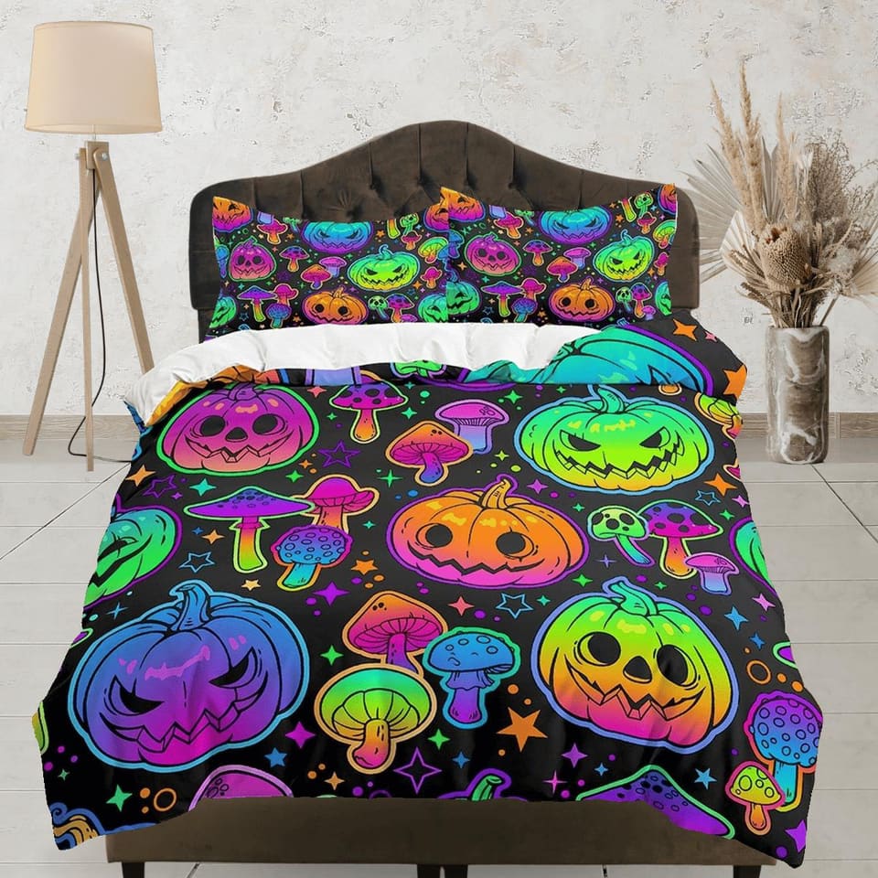 Psychedelic pumpkins halloween bedding & pillowcase, gothic duvet cover, dorm bedding, goth decor toddler bedding, hallowe…