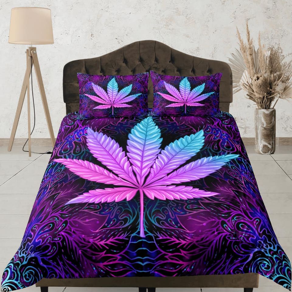 Psychedelic Trippy Duvet Cover, Leaf Decor, Hippie Dorm Bedding Pillowcase, Colorful King Duvet Full Queen Duvet Bedspread…