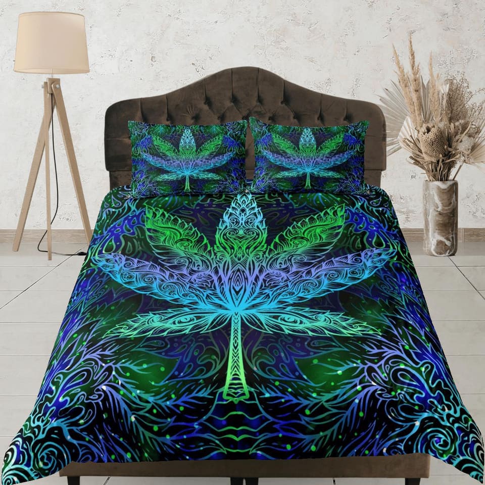 Psychedelic Trippy Duvet Cover, Leaf Decor, Hippie Dorm Bedding Pillowcase, Colorful King Duvet Full Queen Duvet Bedspread…