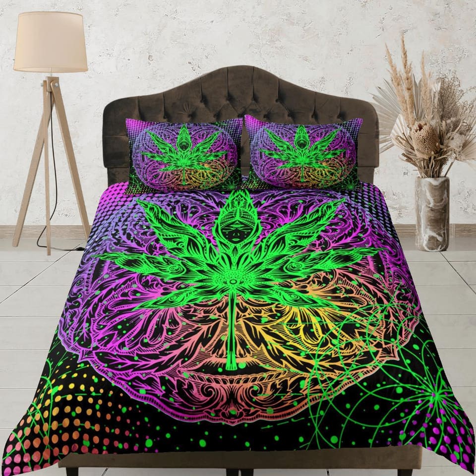 Psychedelic Trippy Duvet Cover, Leaf Decor, Hippie Dorm Bedding Pillowcase, Colorful King Duvet Full Queen Duvet Bedspread…