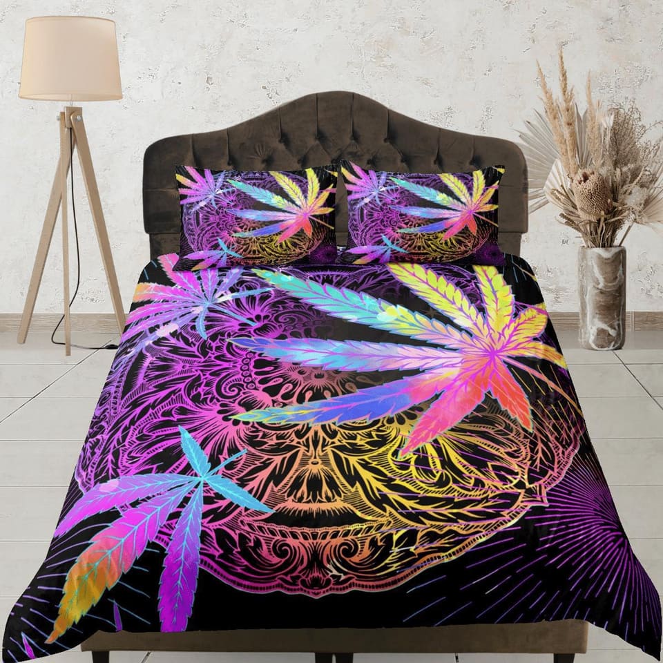 Psychedelic Trippy Duvet Cover, Leaf Decor, Hippie Dorm Bedding Pillowcase, Colorful King Duvet Full Queen Duvet Bedspread…
