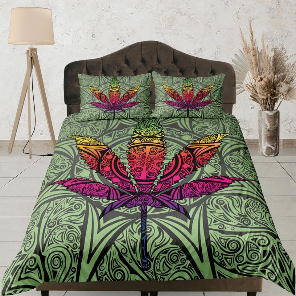 Psychedelic Trippy Duvet Cover, Leaf Decor, Hippie Dorm Bedding Pillowcase, Colorful King Duvet Full Queen Duvet Bedspread…