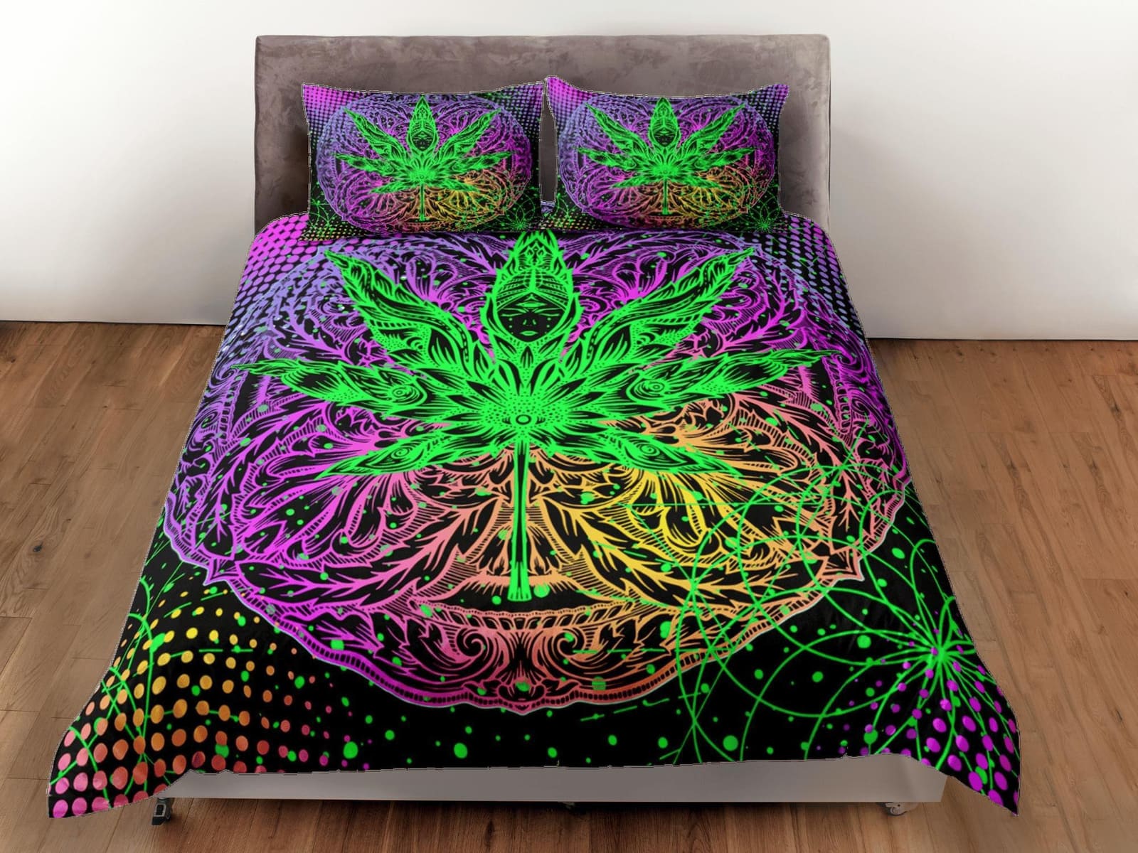 Psychedelic Trippy Duvet Cover, Leaf Decor, Hippie Dorm Bedding Pillowcase, Colorful King Duvet Full Queen Duvet Bedspread…