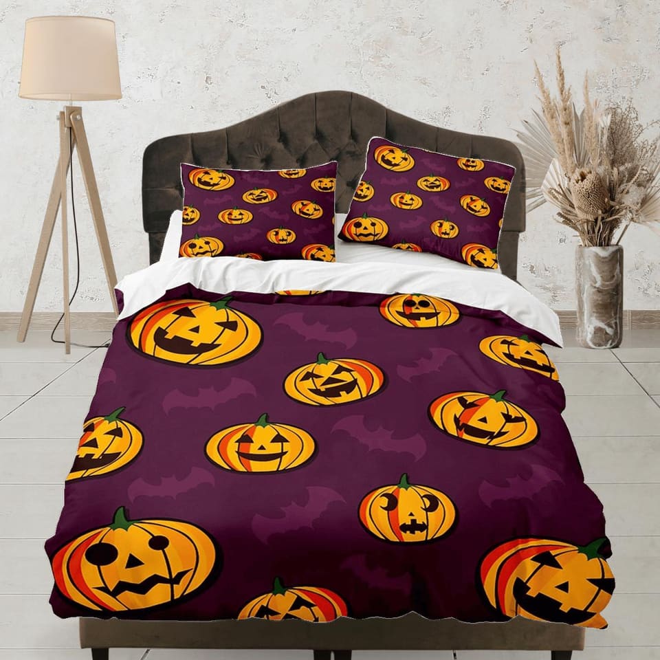 Pumpkin and bat halloween bedding & pillowcase, violet duvet cover set dorm bedding, halloween decor, nursery toddler bedd…