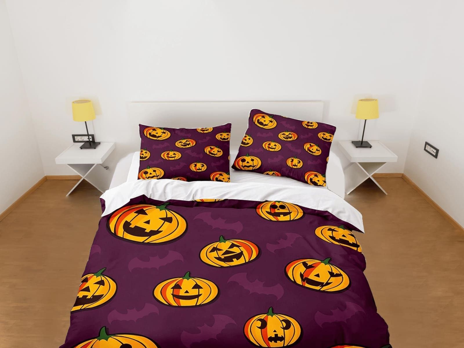 Pumpkin and bat halloween bedding & pillowcase, violet duvet cover set dorm bedding, halloween decor, nursery toddler bedd…