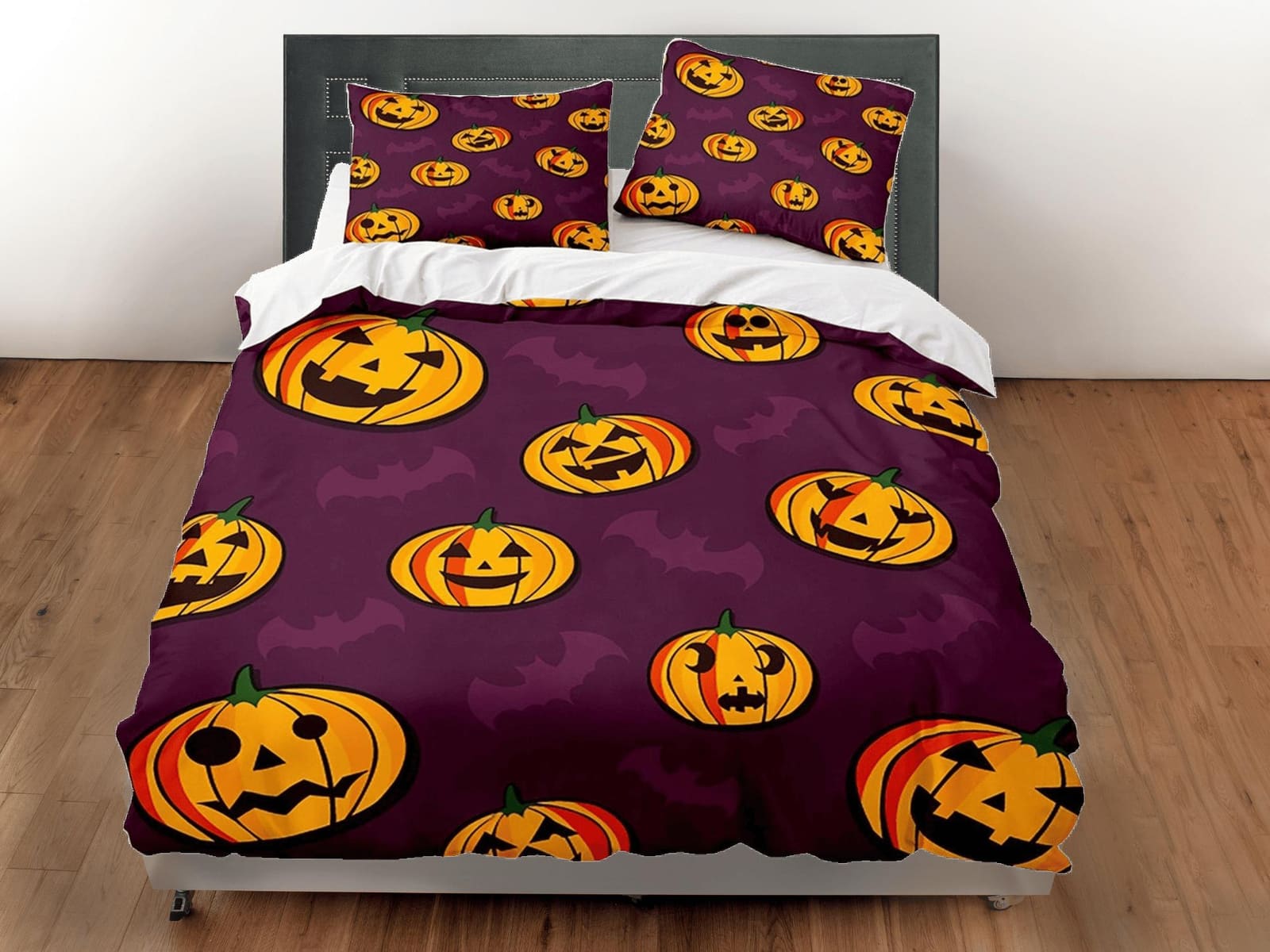 Pumpkin and bat halloween bedding & pillowcase, violet duvet cover set dorm bedding, halloween decor, nursery toddler bedd…