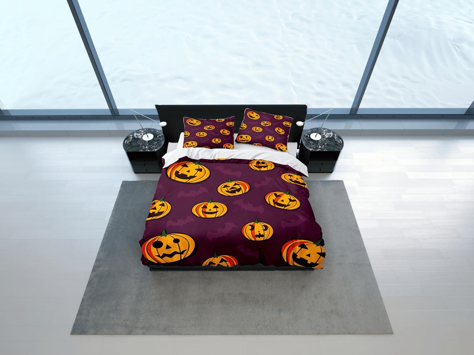 Pumpkin and bat halloween bedding & pillowcase, violet duvet cover set dorm bedding, halloween decor, nursery toddler bedd…
