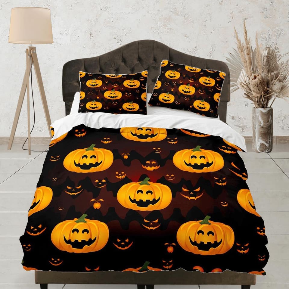 Pumpkin and bats halloween full size bedding & pillowcase, duvet cover set dorm bedding, nursery toddler bedding, hallowee…