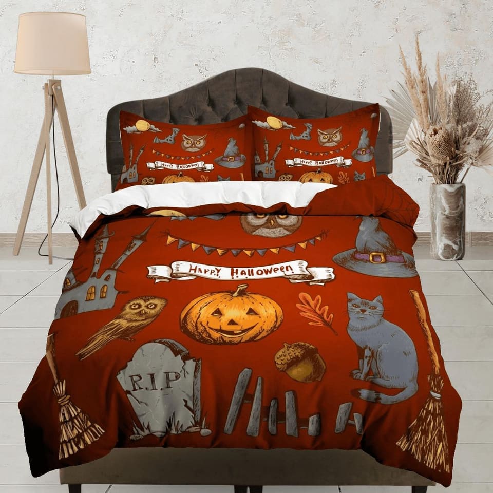 Pumpkin and black cat retro halloween bedding & pillowcase, gothic duvet cover, dorm bedding, goth decor toddler bedding,…