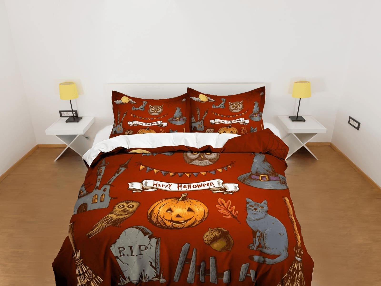 Pumpkin and black cat retro halloween bedding & pillowcase, gothic duvet cover, dorm bedding, goth decor toddler bedding,…