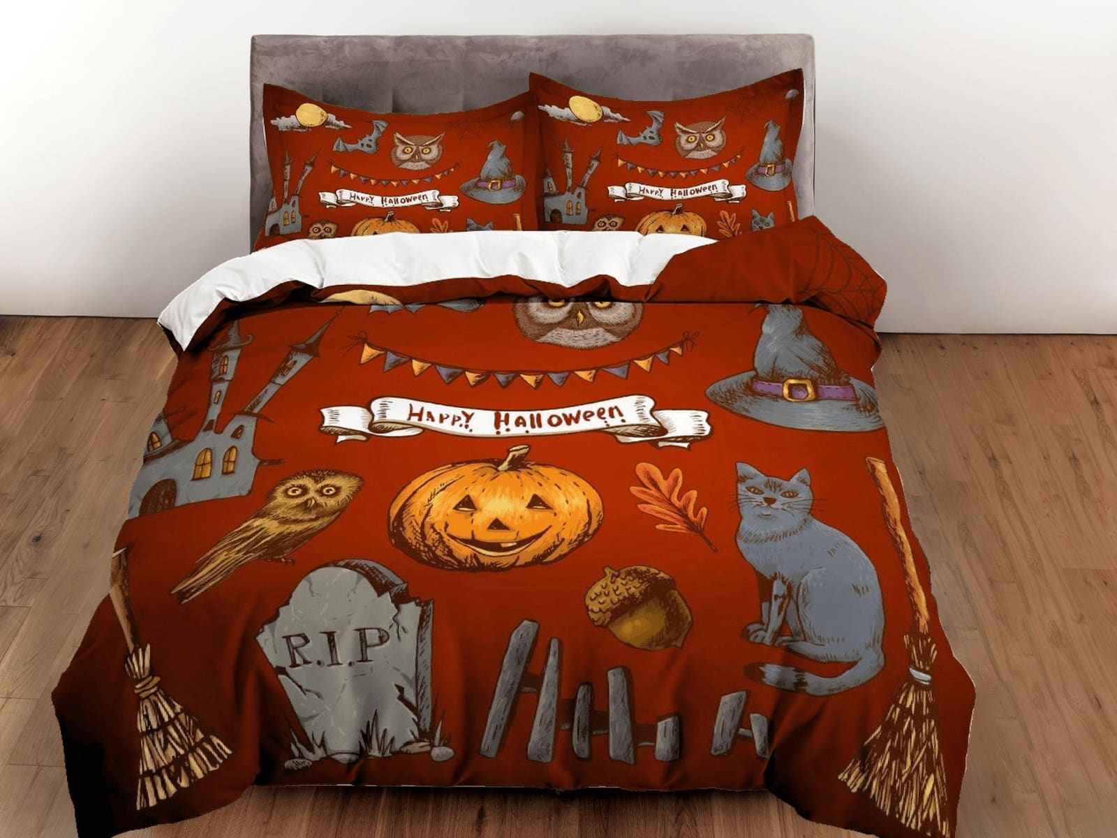 Pumpkin and black cat retro halloween bedding & pillowcase, gothic duvet cover, dorm bedding, goth decor toddler bedding,…