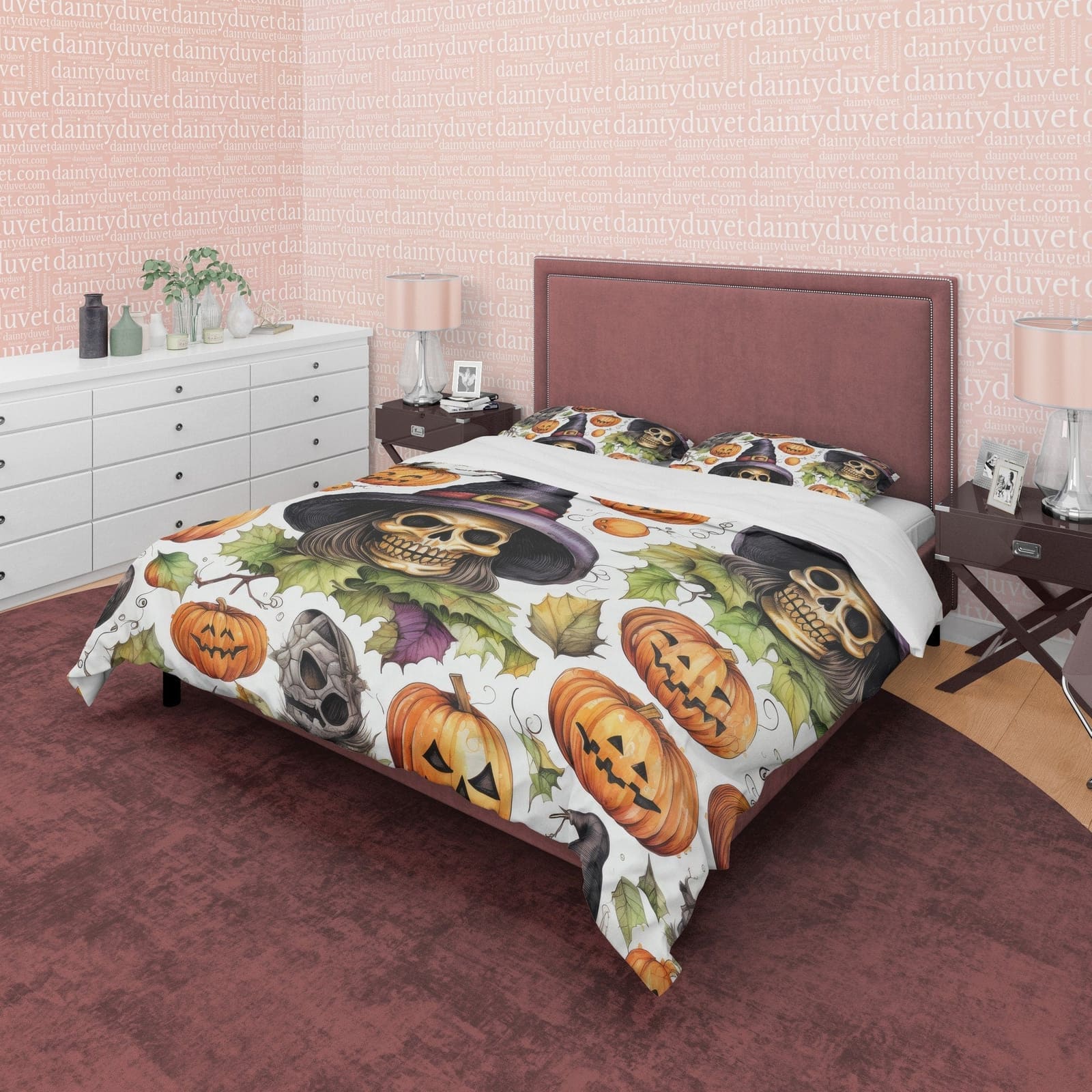Pumpkin and Witch Skull Retro White Duvet Cover Set, Aesthetic Zipper Bedding, Halloween Room Decor, US, UK, European, Aus…