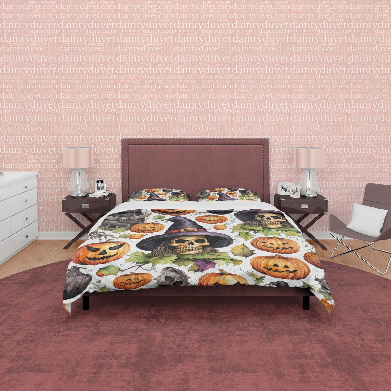 Pumpkin and Witch Skull Retro White Duvet Cover Set, Aesthetic Zipper Bedding, Halloween Room Decor, US, UK, European, Aus…
