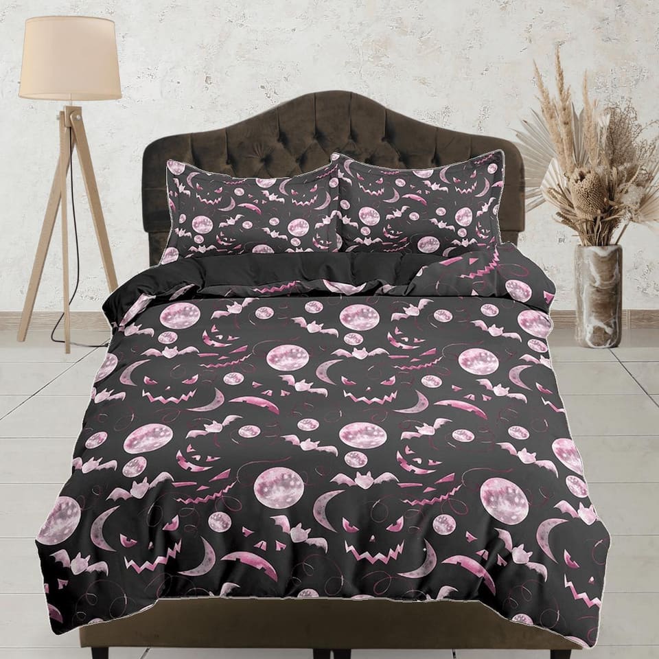 Pumpkin faces and bats pink halloween bedding & pillowcase, black duvet cover set dorm bedding, halloween gift, nursery to…