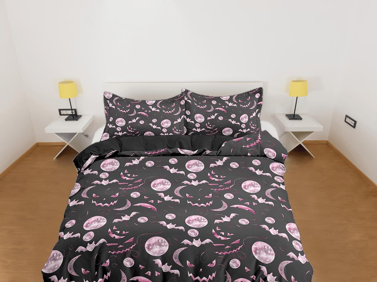 Pumpkin faces and bats pink halloween bedding & pillowcase, black duvet cover set dorm bedding, halloween gift, nursery to…