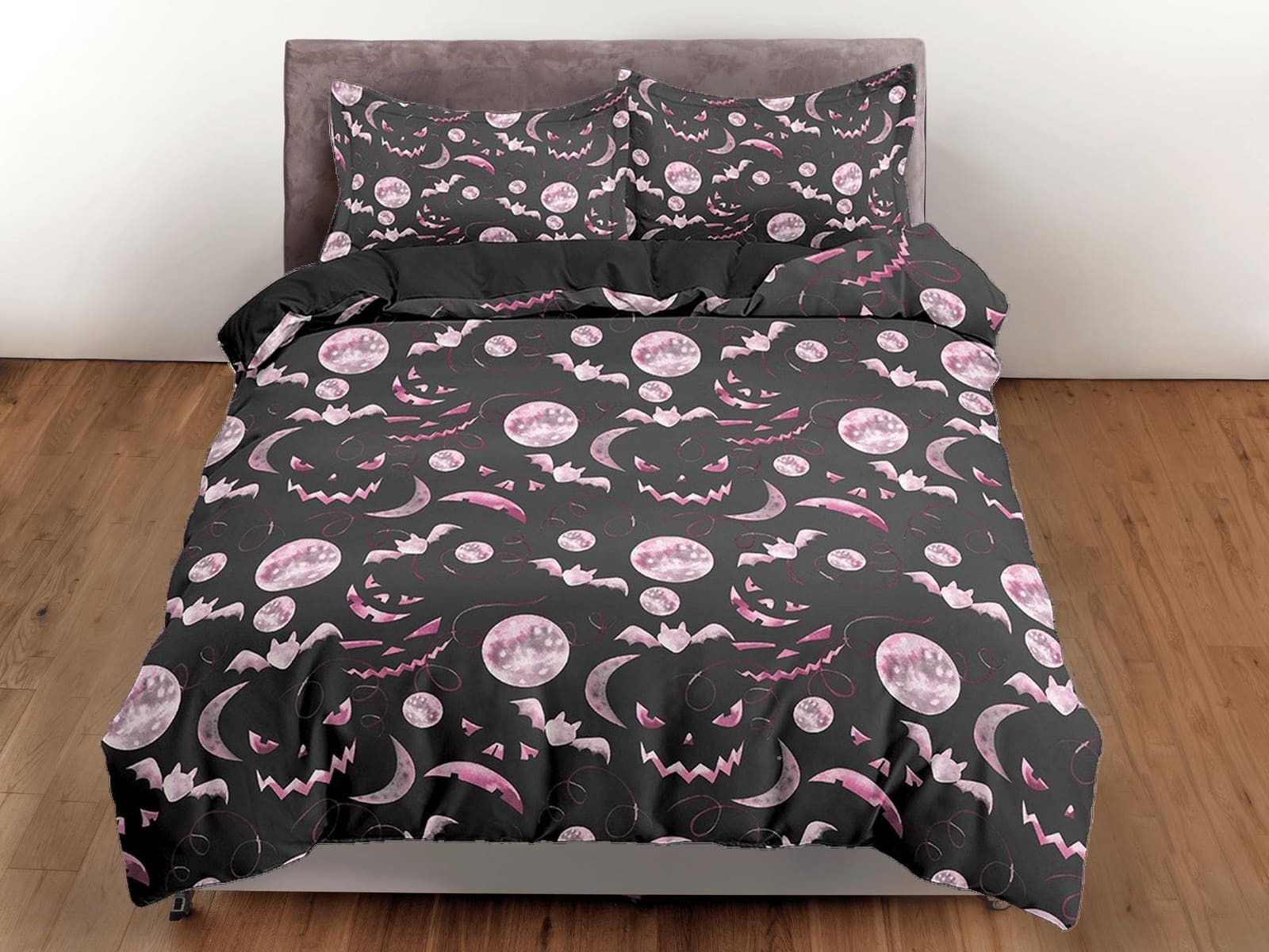 Pumpkin faces and bats pink halloween bedding & pillowcase, black duvet cover set dorm bedding, halloween gift, nursery to…