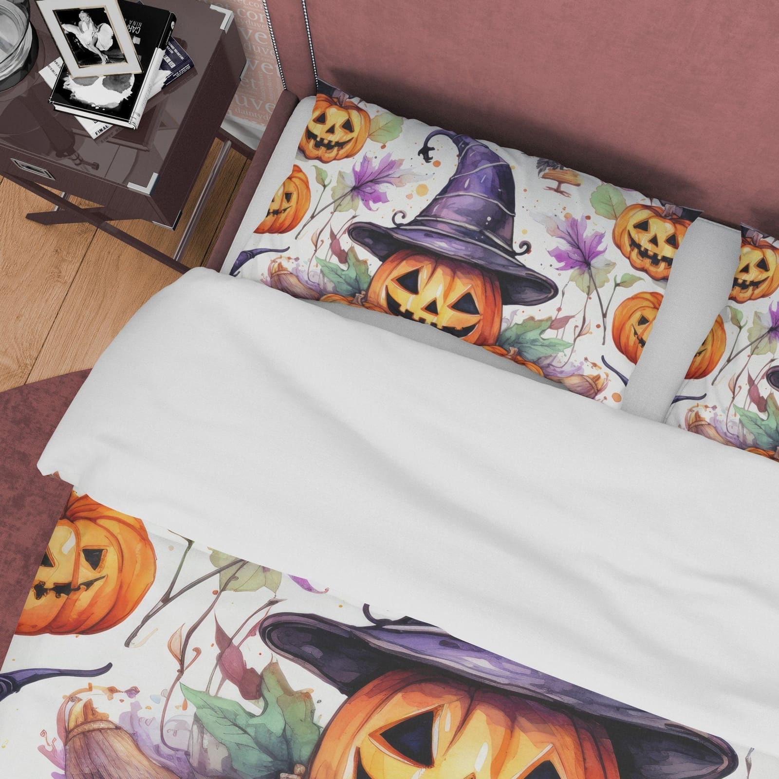 Pumpkin Family Duvet Cover Set, Spooky Bedding, Halloween Room Decor, Witch Hat, Retro Aesthetic Farmhouse, US, European,…