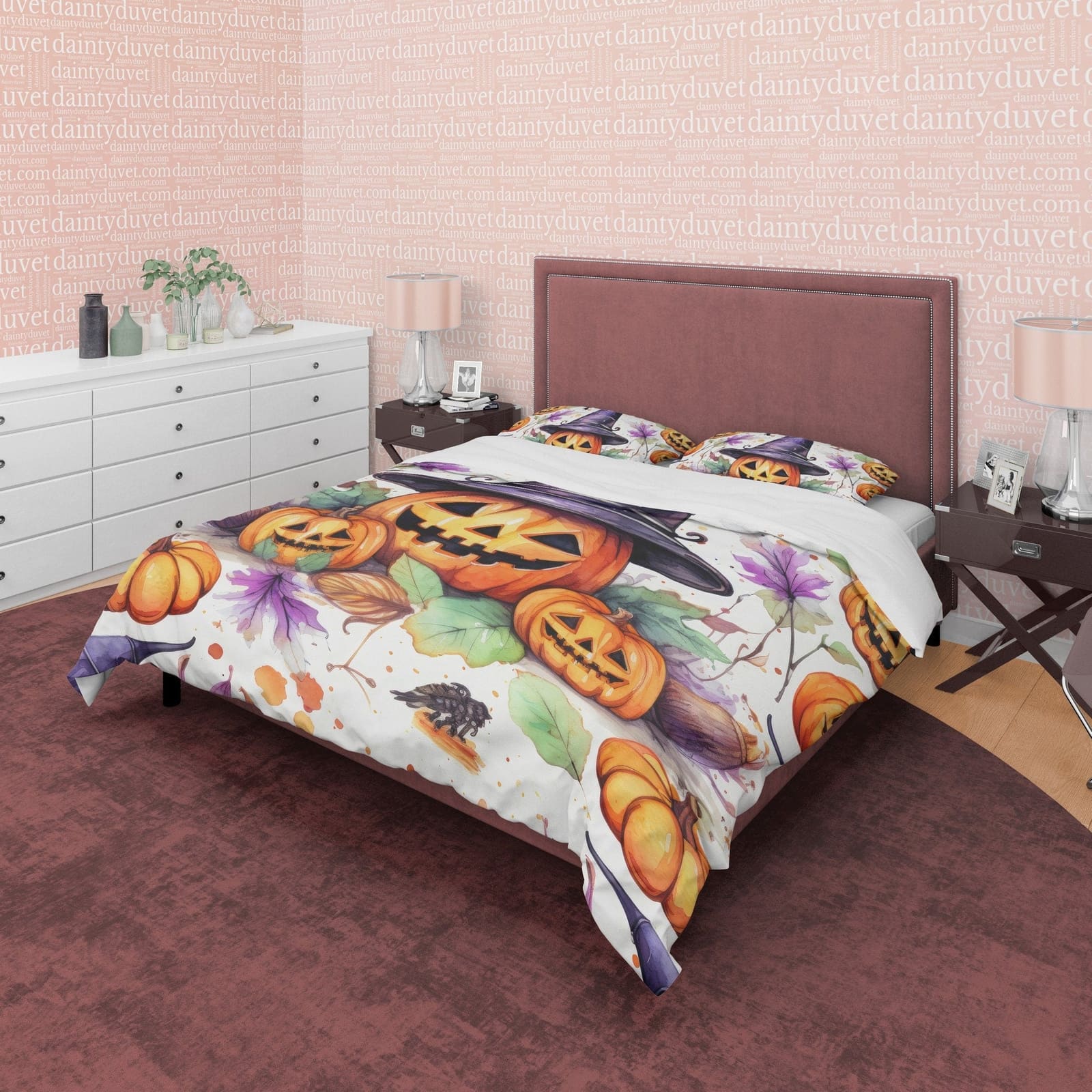Pumpkin Family Duvet Cover Set, Spooky Bedding, Halloween Room Decor, Witch Hat, Retro Aesthetic Farmhouse, US, European,…
