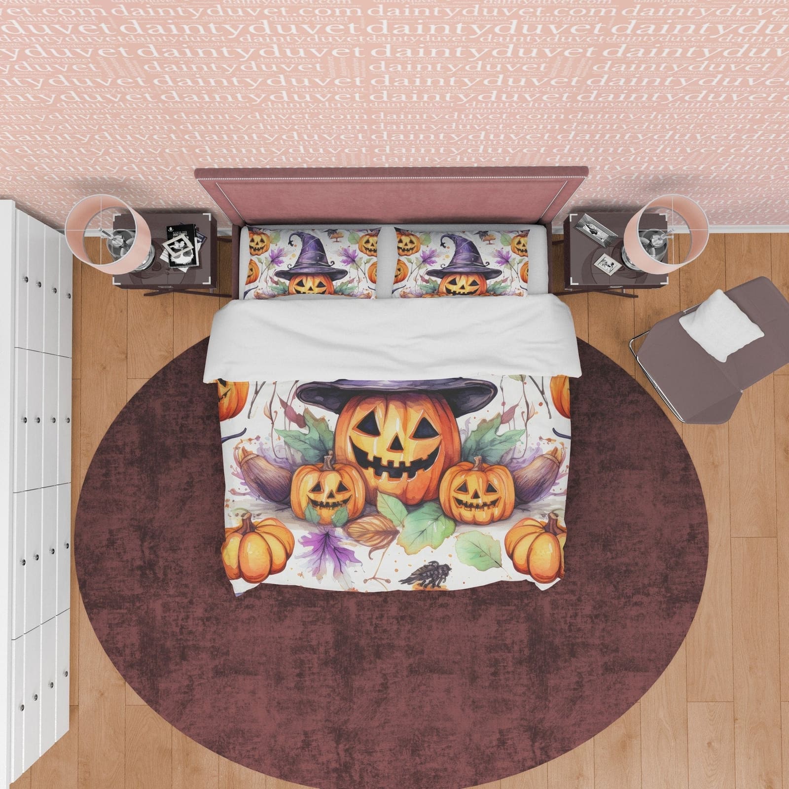 Pumpkin Family Duvet Cover Set, Spooky Bedding, Halloween Room Decor, Witch Hat, Retro Aesthetic Farmhouse, US, European,…