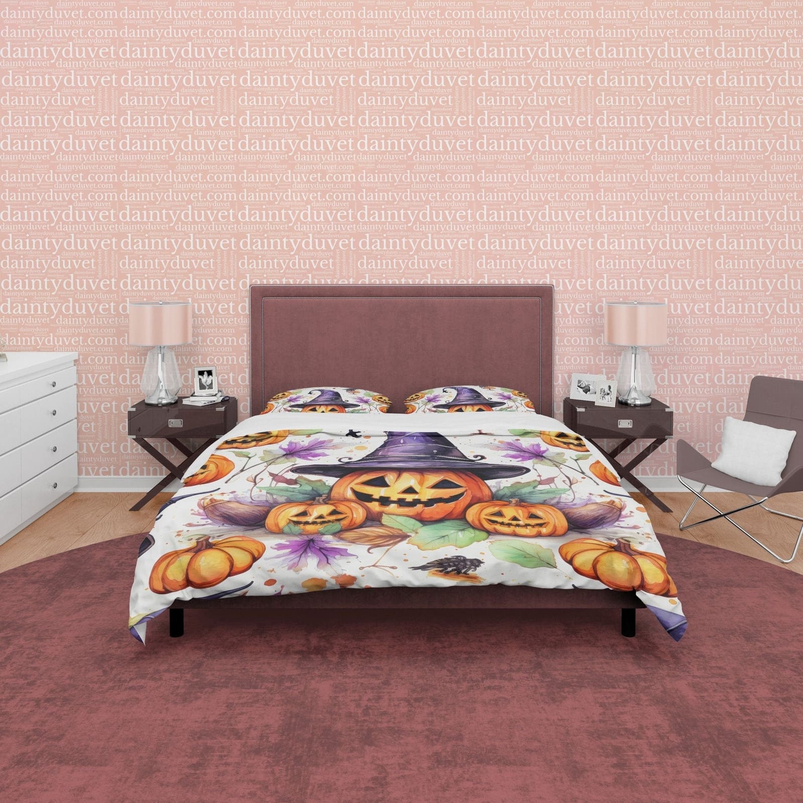 Pumpkin Family Duvet Cover Set, Spooky Bedding, Halloween Room Decor, Witch Hat, Retro Aesthetic Farmhouse, US, European,…