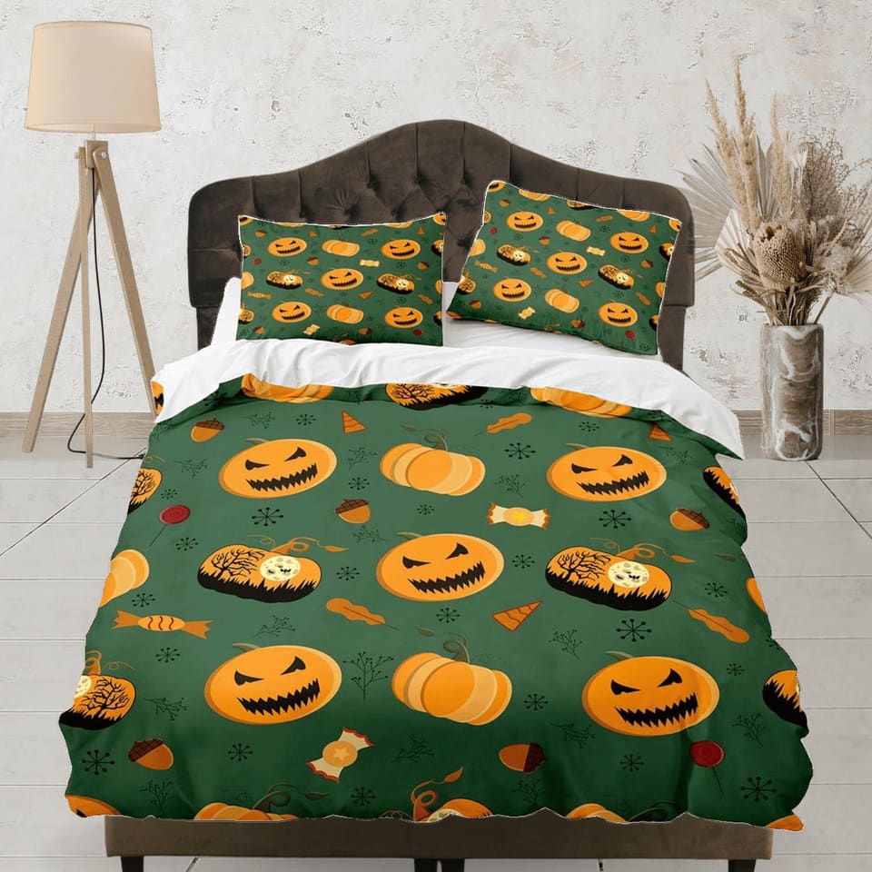 Pumpkin halloween full bedding & pillowcase, green duvet cover set dorm bedding, halloween decor, nursery toddler bedding,…