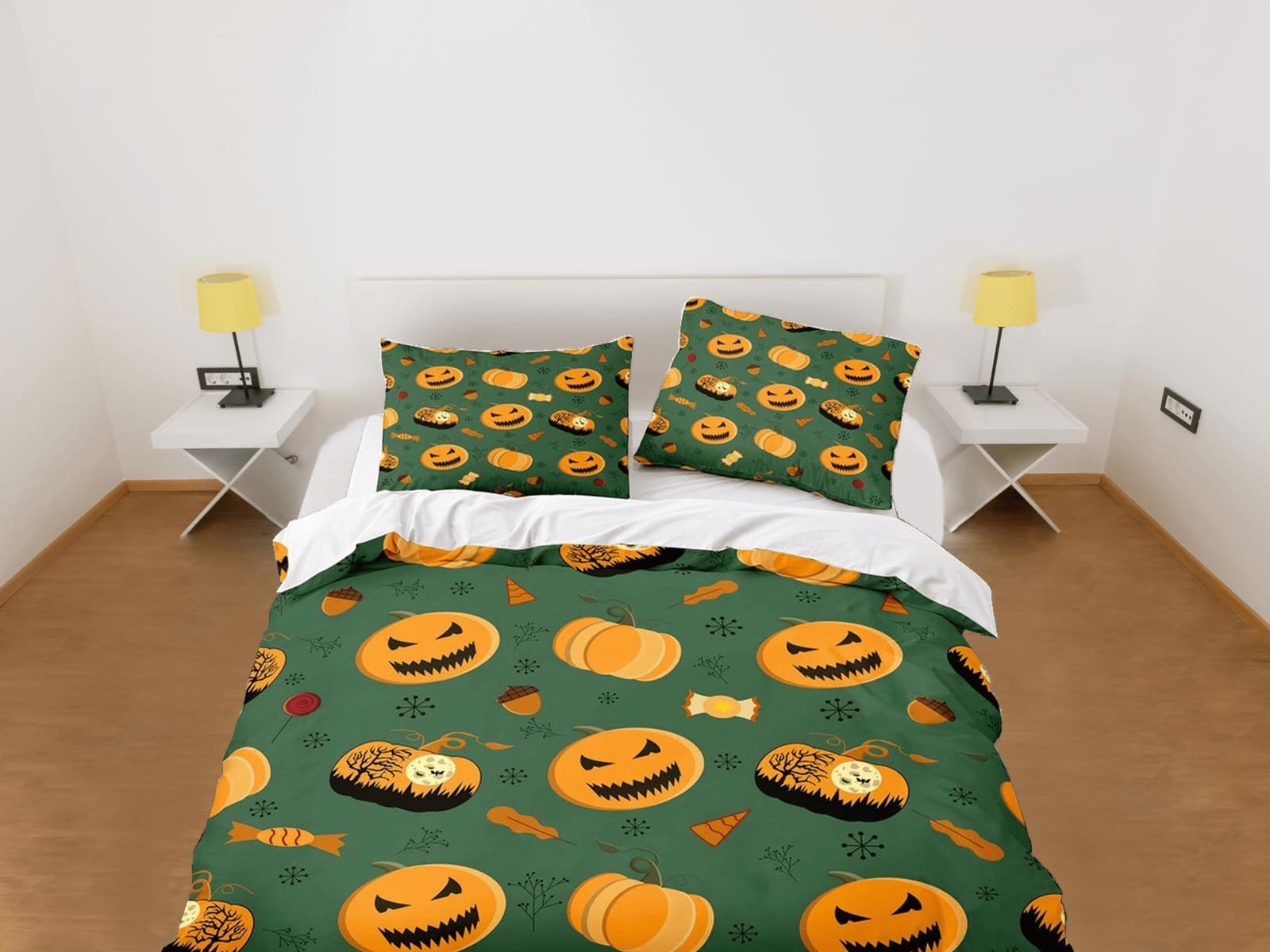 Pumpkin halloween full bedding & pillowcase, green duvet cover set dorm bedding, halloween decor, nursery toddler bedding,…