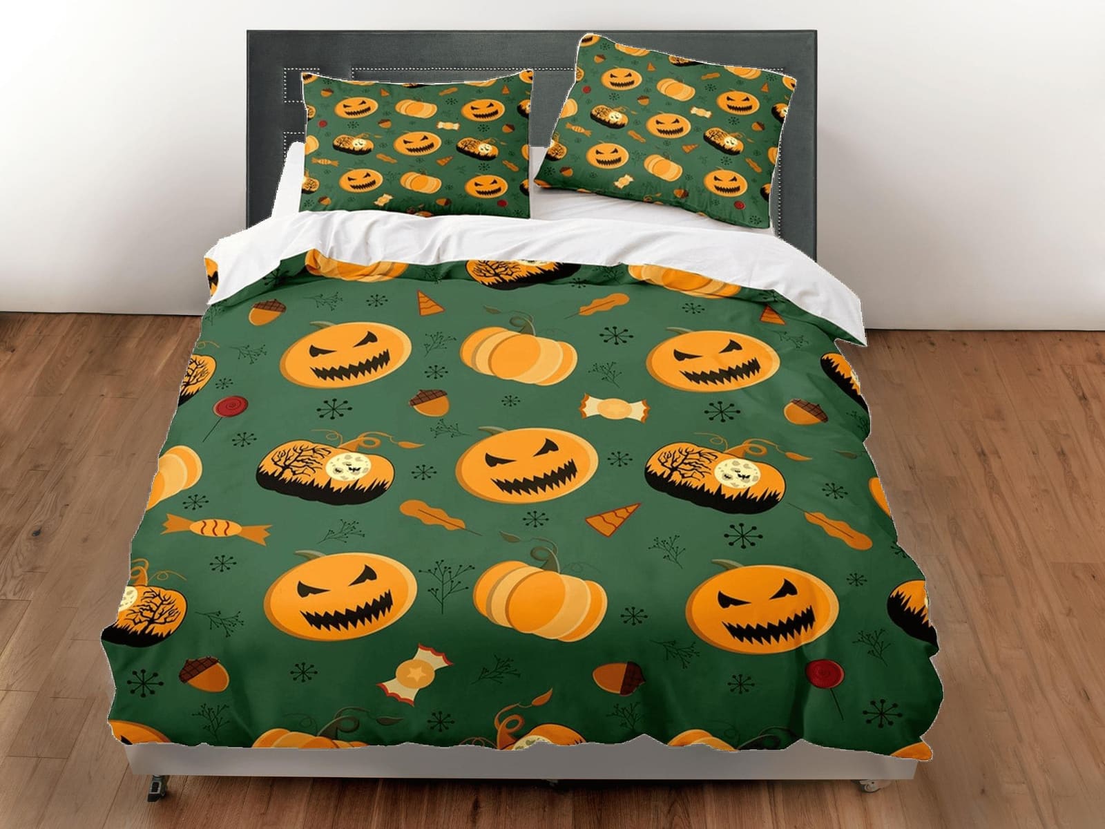 Pumpkin halloween full bedding & pillowcase, green duvet cover set dorm bedding, halloween decor, nursery toddler bedding,…
