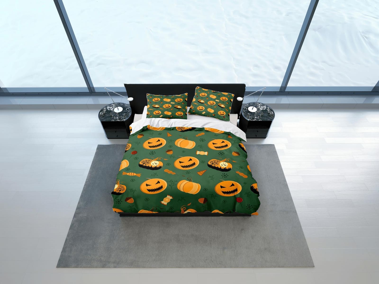 Pumpkin halloween full bedding & pillowcase, green duvet cover set dorm bedding, halloween decor, nursery toddler bedding,…