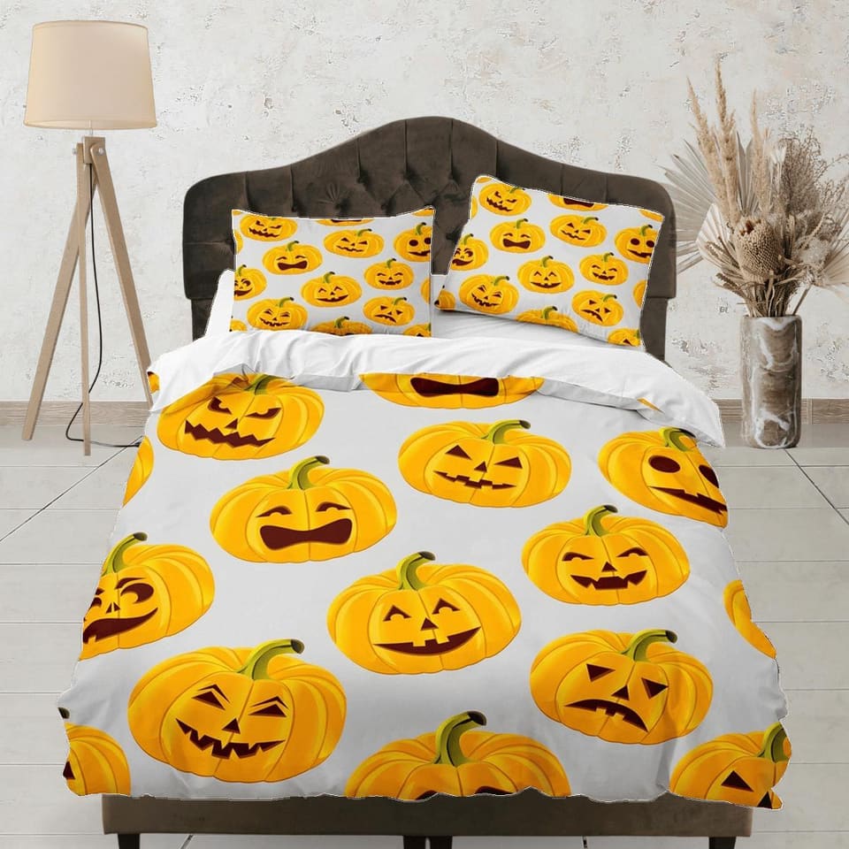 Pumpkin halloween full bedding & pillowcase, grey duvet cover set dorm bedding, halloween decor, nursery toddler bedding,…