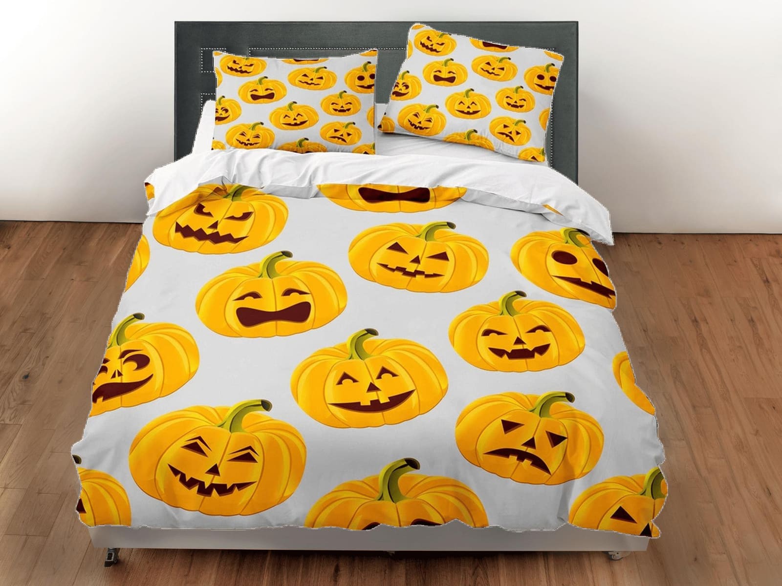 Pumpkin halloween full bedding & pillowcase, grey duvet cover set dorm bedding, halloween decor, nursery toddler bedding,…