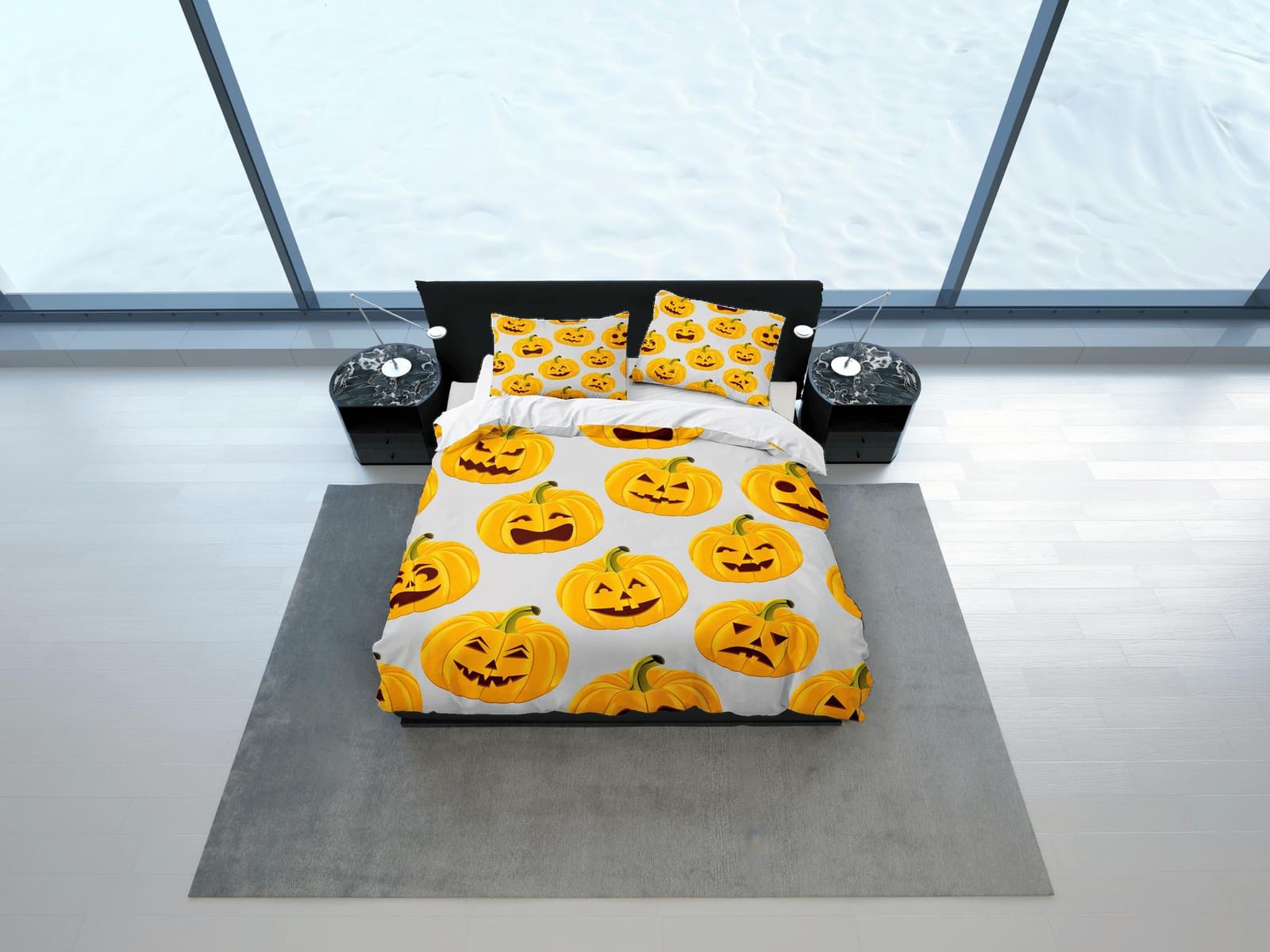 Pumpkin halloween full bedding & pillowcase, grey duvet cover set dorm bedding, halloween decor, nursery toddler bedding,…