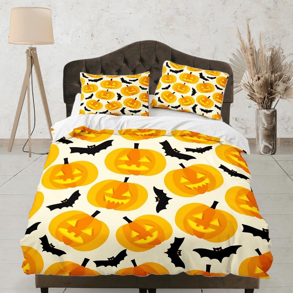 Pumpkin lantern bats halloween bedding & pillowcase, duvet cover set dorm bedding, halloween decor, nursery toddler beddin…