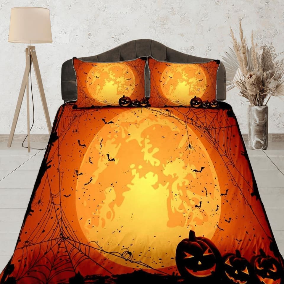 Pumpkin lantern moon halloween bedding & pillowcase, gothic duvet cover, dorm bedding, goth decor toddler bedding, hallowe…